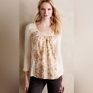 Meadow Rue Anthropologie|Ivory burnout velvet floral long sleeve blouse••Size XL